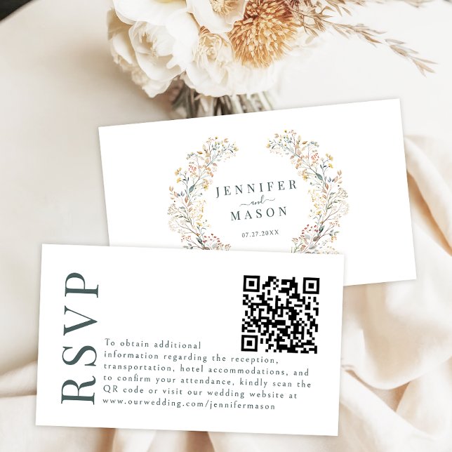 Rustic Boho Fall Floral Wedding RSVP QR code card (Creator Uploaded)