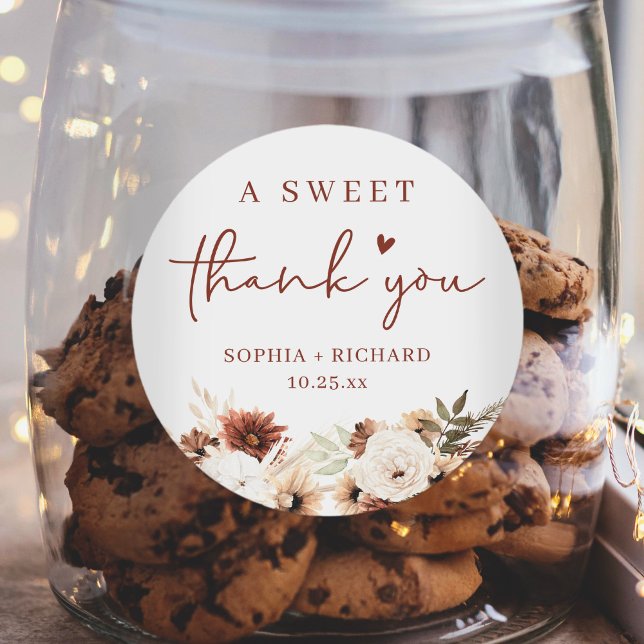 Rustic Boho Fall Floral Wedding Thank You Favour Classic Round Sticker (Creator Uploaded)