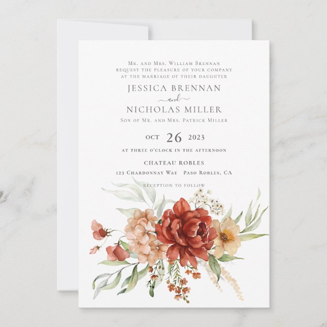 Rustic Boho Fall Flowers Wedding Invitation (Front)