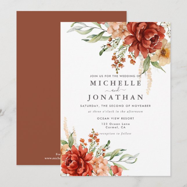 Rustic Boho Fall Flowers Wedding Invitation (Front/Back)