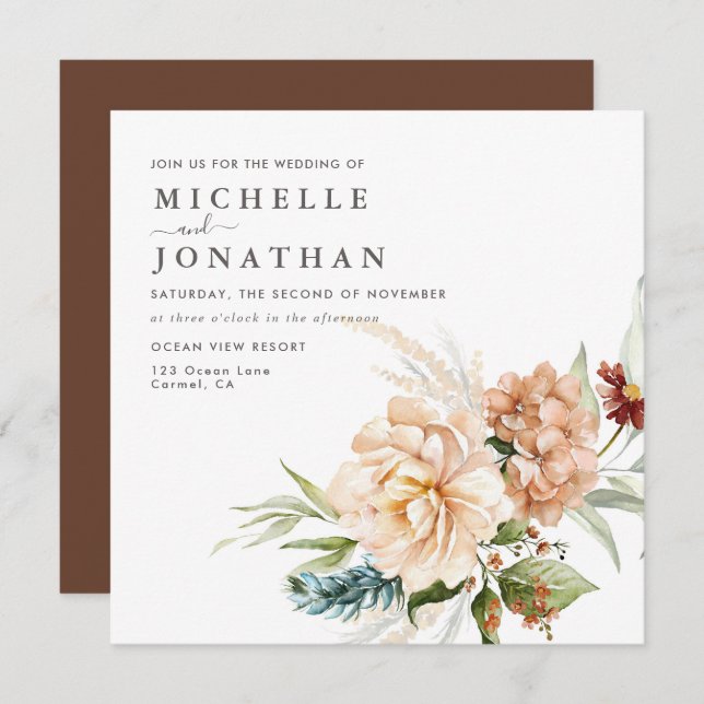 Rustic Boho Fall Flowers Wedding Invitation (Front/Back)
