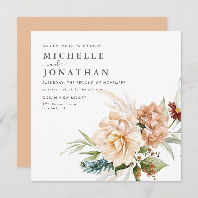 Rustic Boho Fall Flowers Wedding Invitation (Front/Back)