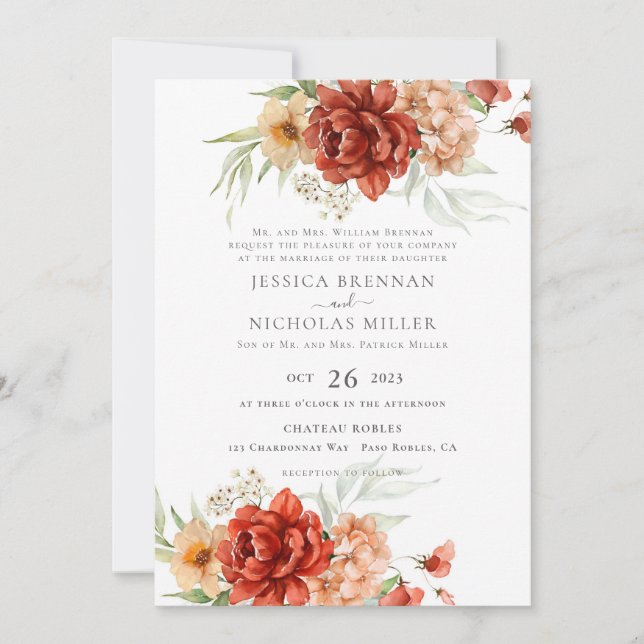 Rustic Boho Fall Flowers Wedding Invitation (Front)