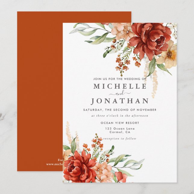 Rustic Boho Fall Flowers Wedding Invitation (Front/Back)