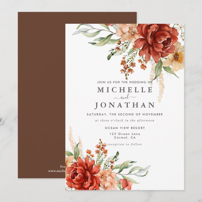 Rustic Boho Fall Flowers Wedding Invitation (Front/Back)