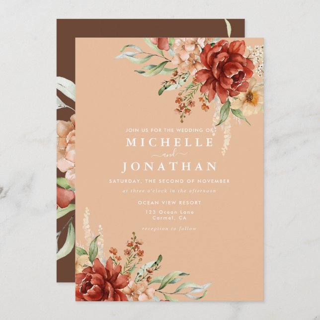 Rustic Boho Fall Flowers Wedding Invitation (Front/Back)