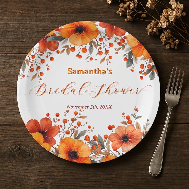 Rustic Boho Fall Orange Floral Berry Bridal Shower Paper Plate (Creator Uploaded)
