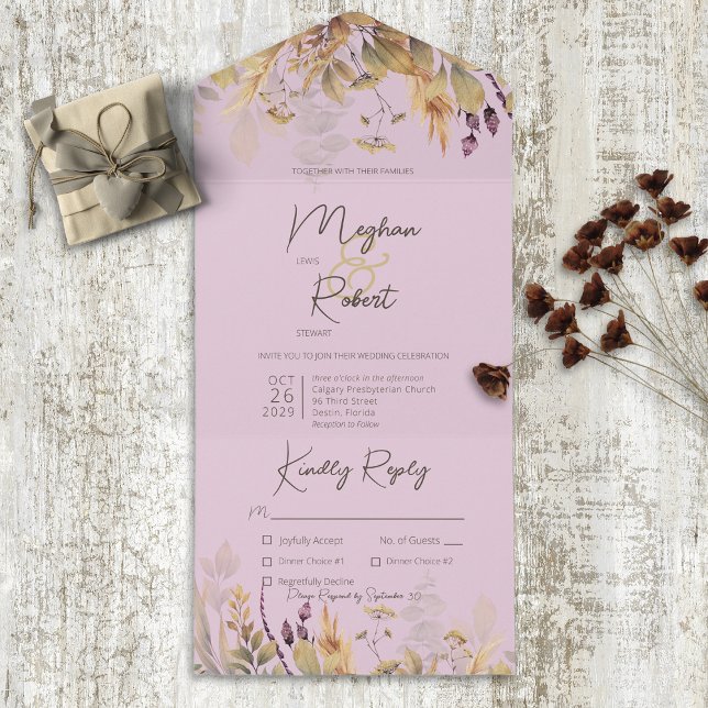 Rustic Boho Fall Wildflowers Purple Dinner All In One Invitation (Creator Uploaded)