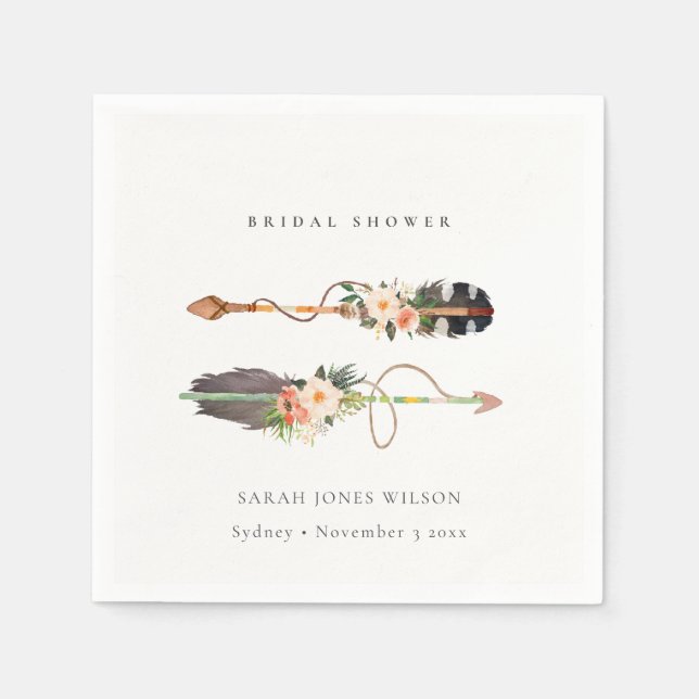 Rustic Boho Feather Floral Arrow Bridal Shower  Napkin (Front)