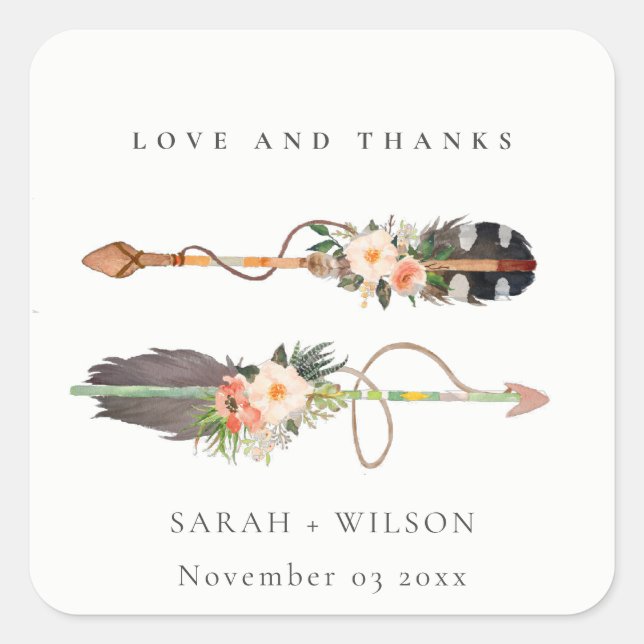 Rustic Boho Feather Floral Arrow Wedding Thanks Square Sticker (Front)