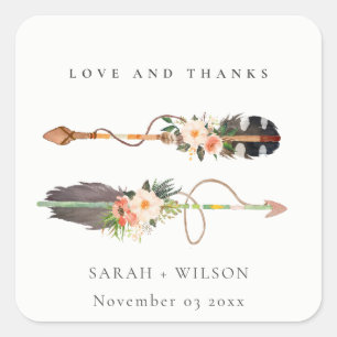 Rustic Boho Feather Floral Arrow Wedding Thanks Square Sticker
