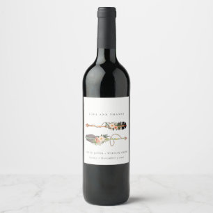 Rustic Boho Feather Floral Arrow Wedding Thanks Wine Label