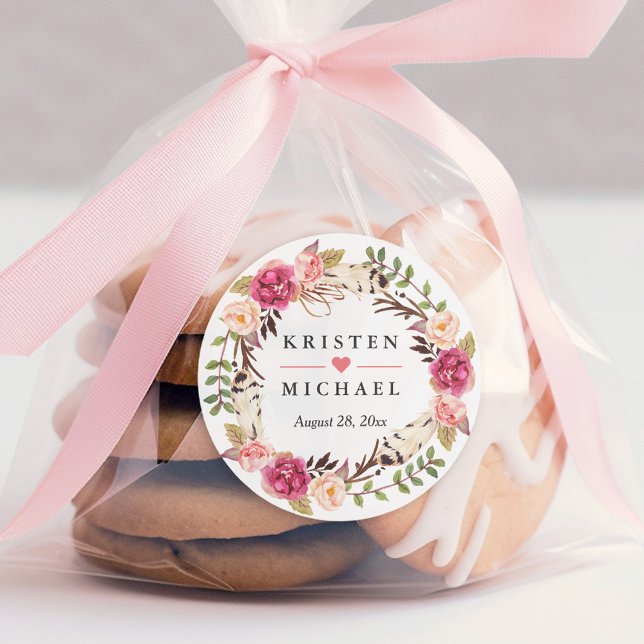 Rustic Boho Feather Floral Wreath Wedding Favor Classic Round Sticker (Creator Uploaded)