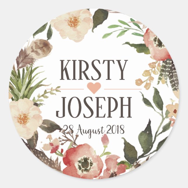 Rustic Boho Feather Floral Wreath Wedding Sticker (Front)