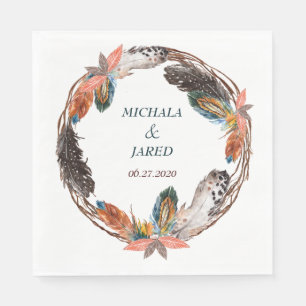 Rustic Boho Feather Wreath Wedding Napkin