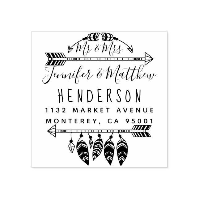 Rustic Boho Feathers And Arrows Mr & Mrs Address Rubber Stamp (Imprint)