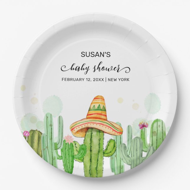 Rustic Boho Fiesta Cactus Taco 'Bout A Baby Shower Paper Plate (Front)
