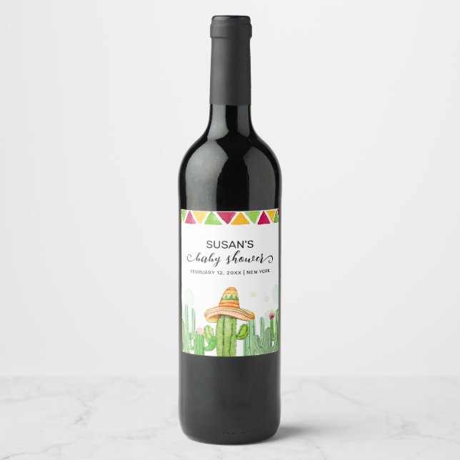 Rustic Boho Fiesta Cactus Taco 'Bout A Baby Shower Wine Label (Front)