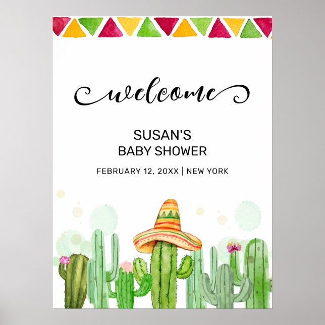 Rustic Boho Fiesta Taco Cactus Baby Shower Welcome Poster (Front)