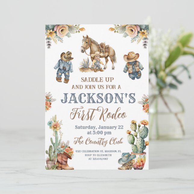Rustic Boho First Rodeo Wild West Boy 1st Birthday Invitation (Standing Front)