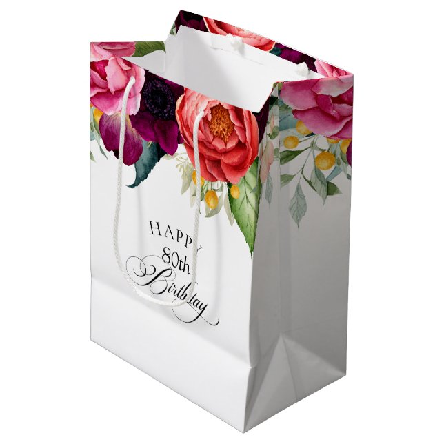 Rustic Boho Floral 80th Birthday Medium Gift Bag (Front Angled)