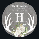 Rustic Boho Floral Antlers Monogram Return Address Classic Round Sticker<br><div class="desc">Show your boho style with these monogram floral return address stickers.</div>