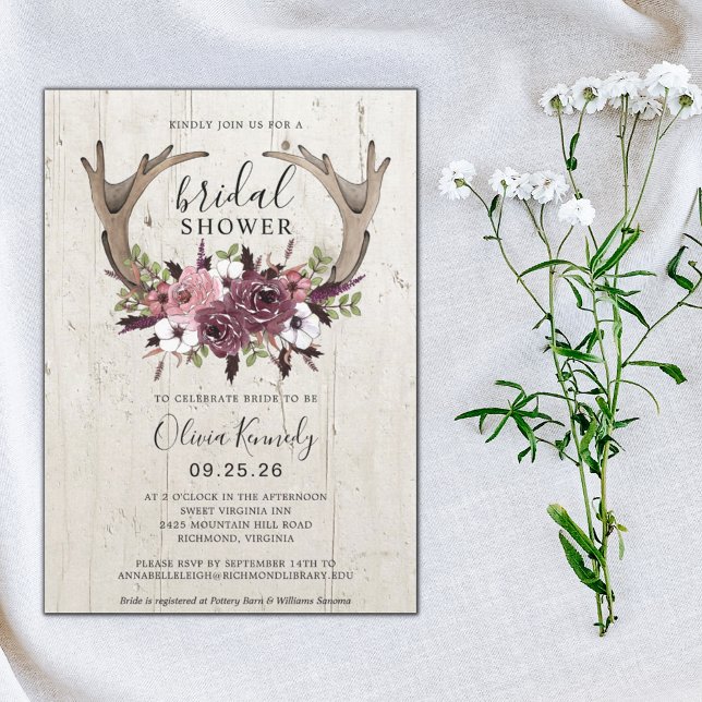 Rustic Boho Floral Antlers Wood Bridal Shower  Invitation (Creator Uploaded)