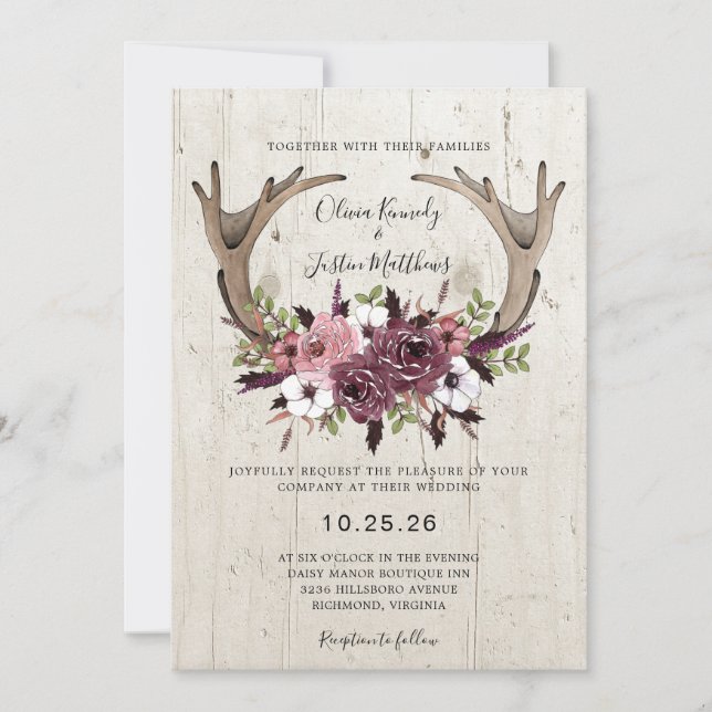 Rustic Boho Floral Antlers Wood Wedding  Invitation (Front)