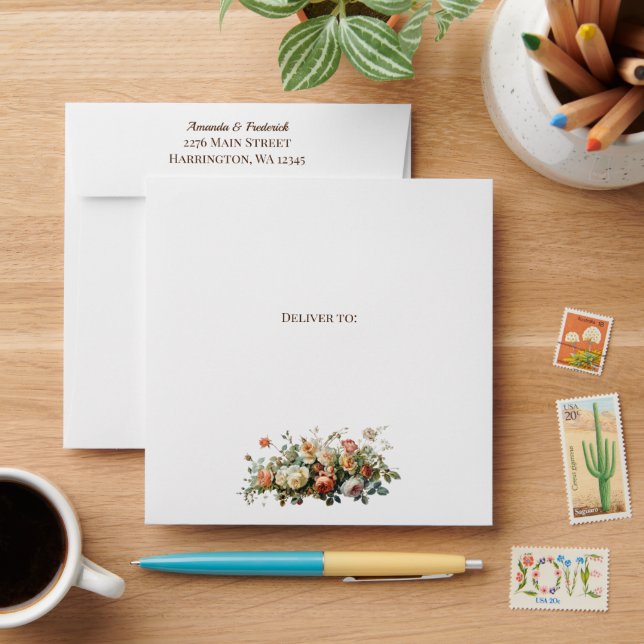 Rustic boho floral arrangement wedding envelope (Desk)