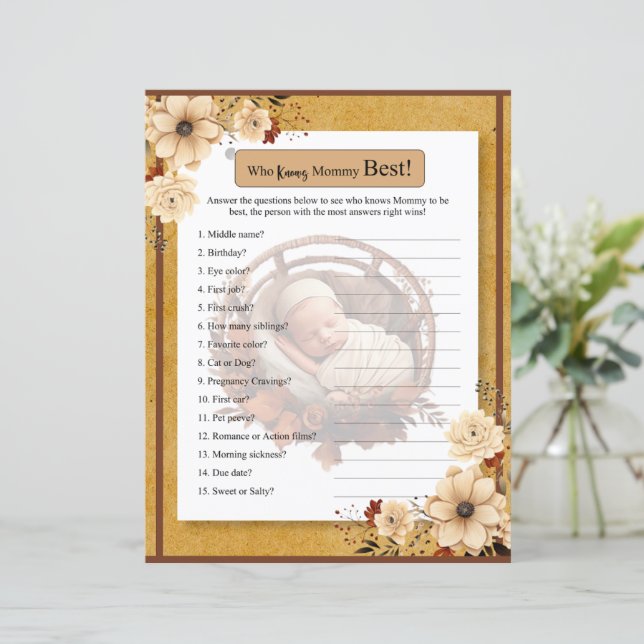 Rustic Boho Floral Baby Showe Who Knows Mummy Game (Standing Front)