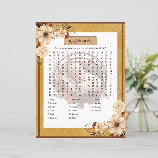 Rustic Boho Floral Baby Shower Word Search Game (Standing Front)