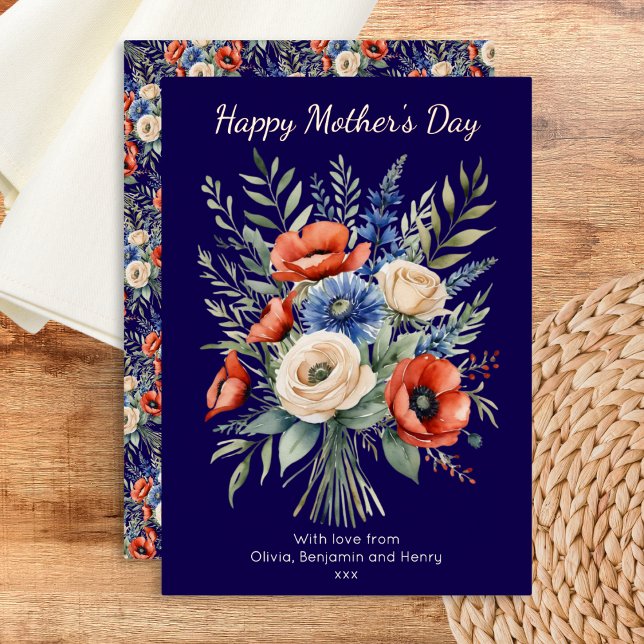 Rustic Boho Floral Bouquet Happy Mother's Day (A personalized Mother's Day card, with foil detail, cream roses, red poppies and blue cornflowers)