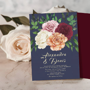 Rustic Boho Floral Burgundy and Navy Blue Wedding Invitation