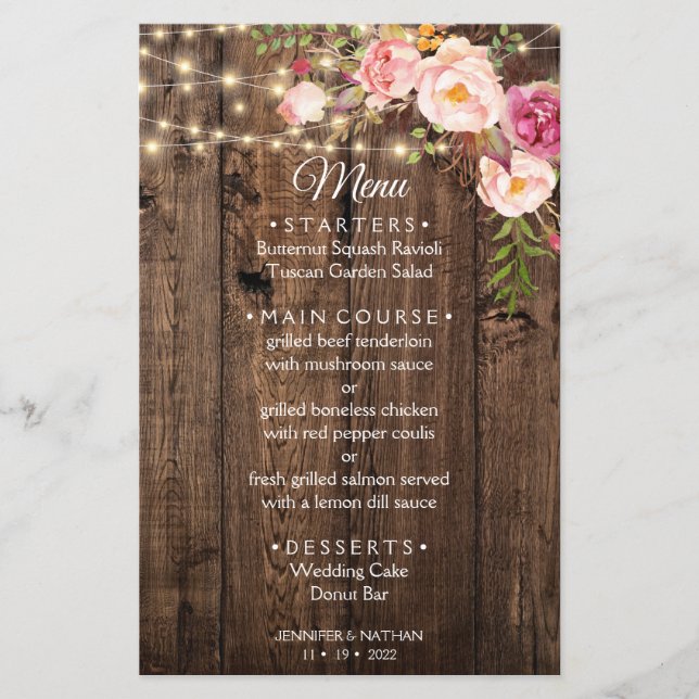 Rustic Boho Floral Country Wedding menu template (Front)