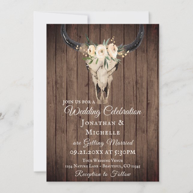 Rustic Boho Floral Cow Skull on Barnwood Wedding Invitation (Front)