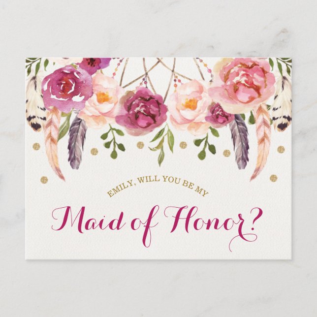 Rustic Boho Floral Dreamcatcher Maid of Honour Car Postcard (Front)