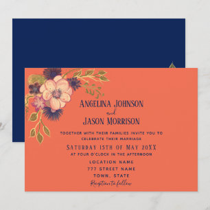Rustic Boho Floral Navy and Coral Wedding Invitation