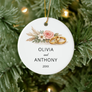 Rustic Boho Floral Pink Rose Wedding Name Ornament