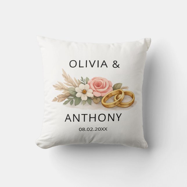 Rustic Boho Floral Pink Rose Wedding Name Ornament Cushion (Front)
