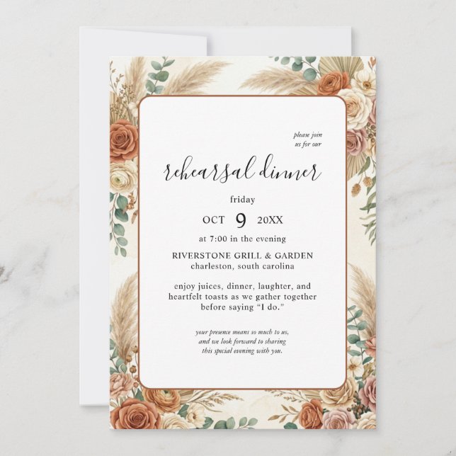 Rustic Boho Floral Rehearsal Dinner Invitation (Front)
