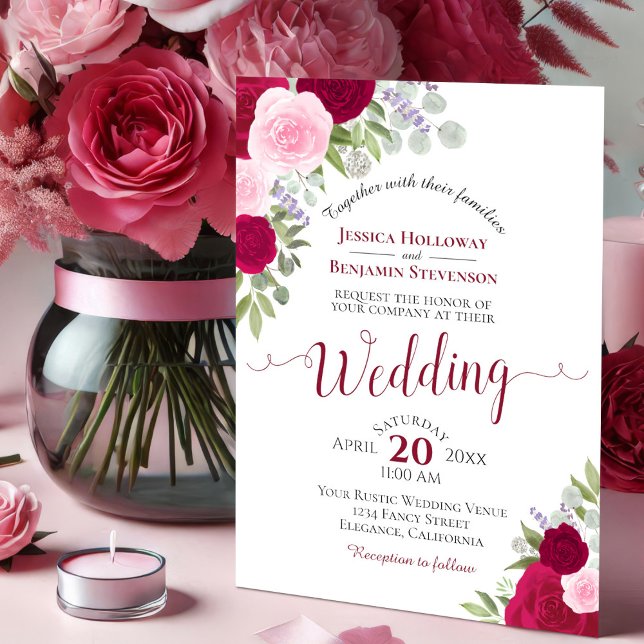 Rustic Boho Floral Roses Magenta & Pink Wedding Invitation (Creator Uploaded)