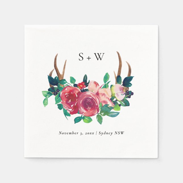 Rustic Boho Floral Stag Antlers Monogram Wedding Napkin (Front)