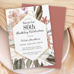 Rustic Boho Floral Surprise 80th Birthday Party Invitation<br><div class="desc">Celebrate an important milestone birthday with this wonderfully beautiful rustic boho watercolor floral Surprise 80th birthday party invitation. It has a sumptuous neutral colour palette in beige, green, peach, and tinges of pink and terracotta. A beautiful geometric frame with gold accent adds elegance to the design. The back of the...</div>