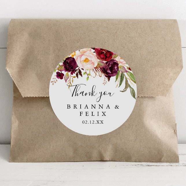 Rustic Boho Floral Thank You Wedding Favour Classic Round Sticker (Creator Uploaded)