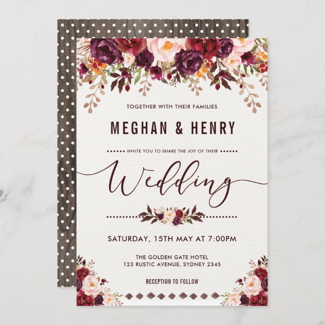 Rustic Boho Floral Wedding Invitation Shabby Chic (Front/Back)