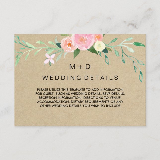 Rustic Boho Floral Wedding Reception Details Enclosure Card (Front)