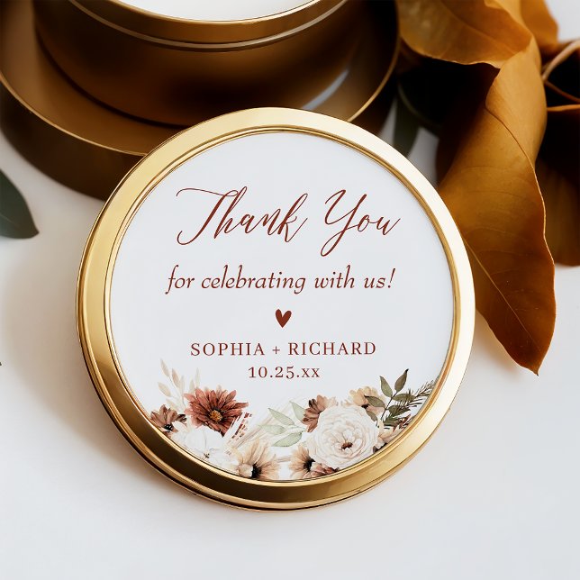 Rustic Boho Floral Wedding Thank You Favour Classic Round Sticker (Creator Uploaded)