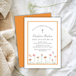 Rustic Boho Floral Wildflower Cross Baptism  Invitation