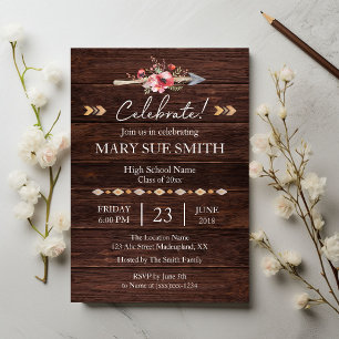 Rustic Boho Floral Wood Grain Graduation Invitation