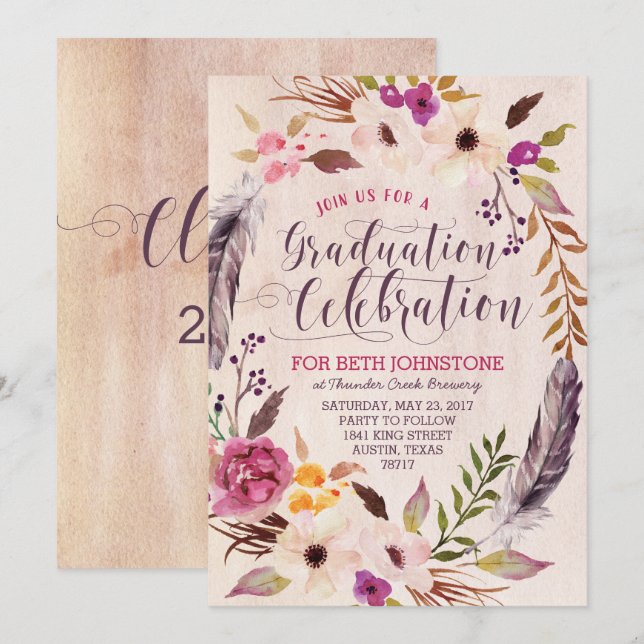 Rustic Boho Floral Wreath Graduation Invitations (Front/Back)